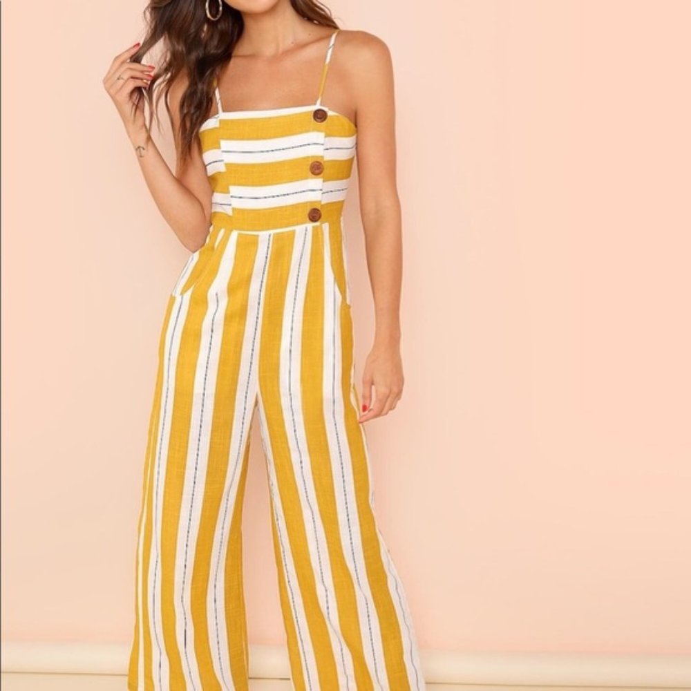 SHEIN  Striped Mustard /White Leg Jumpsuit